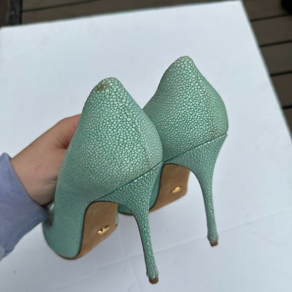 Sergio Rossi Peep Toe Pumps Crackled Leather Upper Sz 39 in Aquamarine Stiletto - Picture 6 of 11